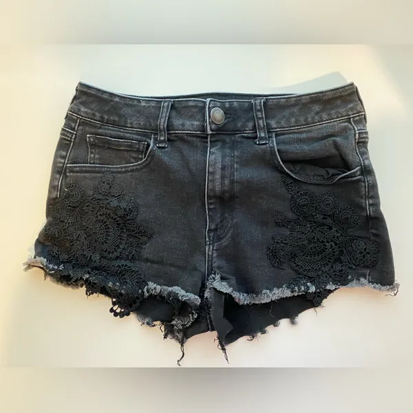 American Eagle Women’s Distressed Black High Rise Shortie Jean Shorts size 8 - Image 7