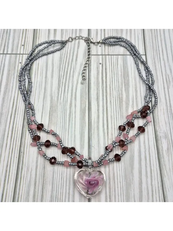 Artisan Silver & Pink Beaded Necklace With Glass Floral Heart Pendant 21" Fairy - Image 6