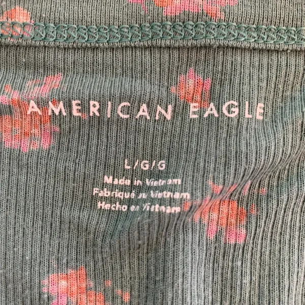 American Eagle Floral Henley‎ Shirt Ribbed Casual Green Large READ DIY Cut Off - Image 2