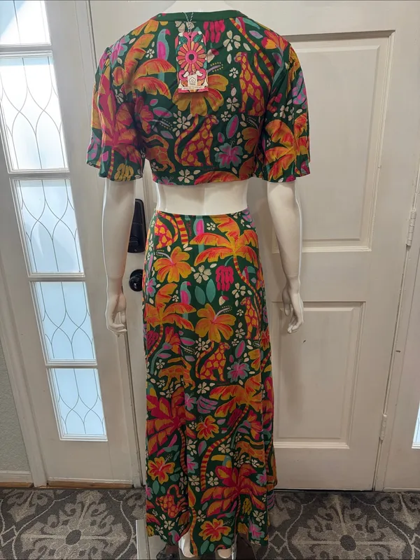 Farm Rio Tropical Cutout Maxi Dress in Green with Pink Orange Floral Print S XL - Image 10