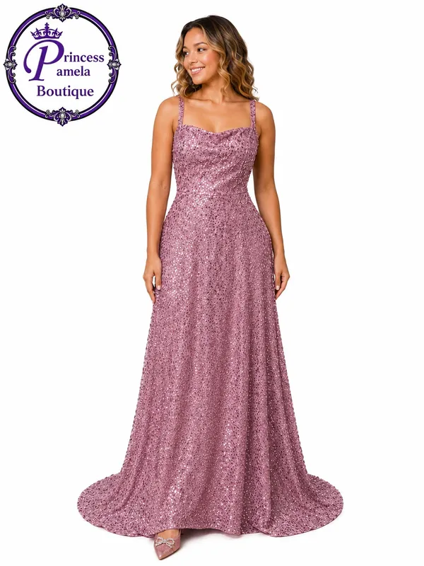 Boutique #27-16 Dusty Rose sequin velvet 1 inch strap long dress - Image 6