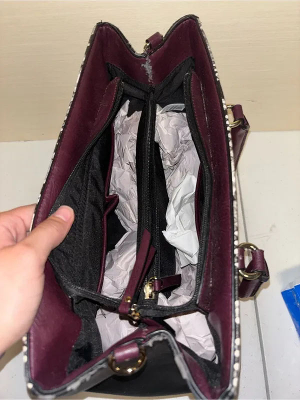 Aldo Black & Cream Python-Print Satchel with Burgundy Handles - Image 3