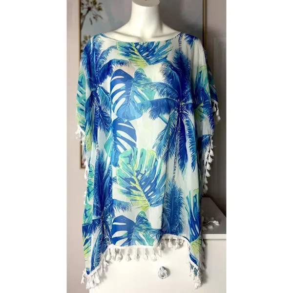 SHEIN Blue White Tropical Floral Sheer Tassel Beach Cover Up Size Large - Image 5