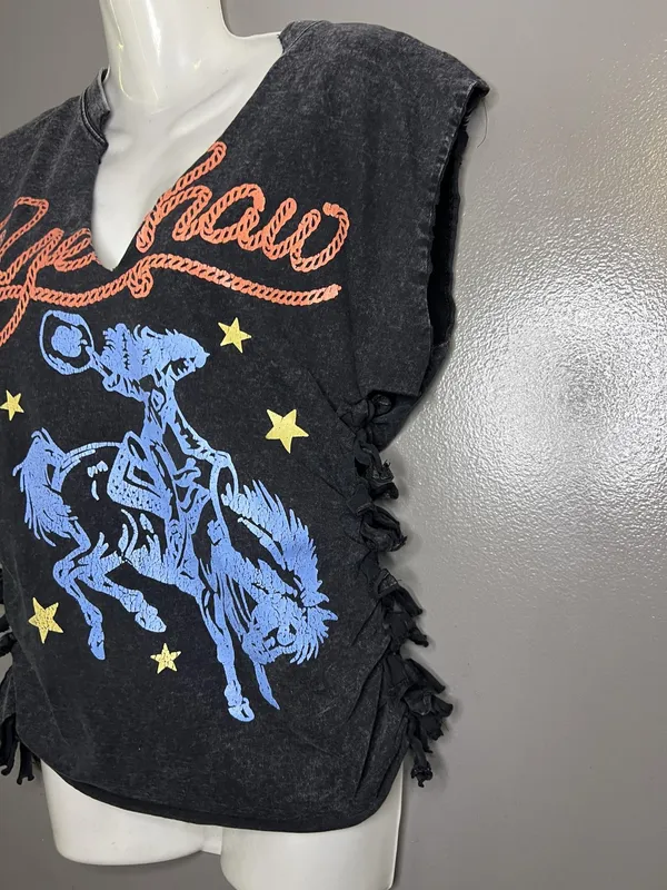 Yeehaw Graphic Shirt Womens Small Black Sleeveless V Neck Western Rodeo Cowgirl - Image 5