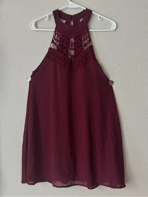 Women's Crochet Yoke Halter Dress - Burgundy - Image 5