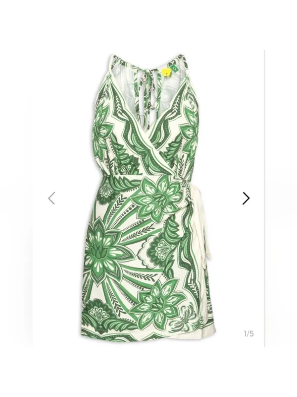 FARM Rio Green and White Floral Wrap Mini Dress - Image 5