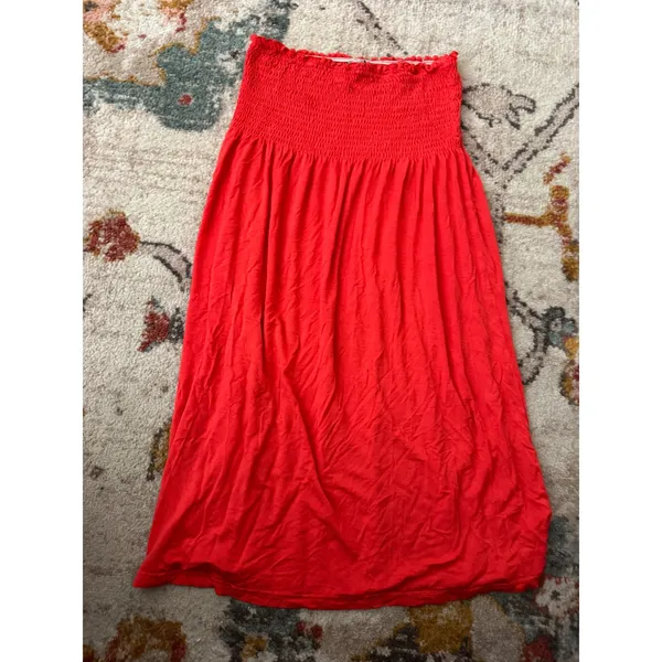 Red Smocked Tube Dress Strapless Midi Rayon Blend Summer Sun Dress - Image 2