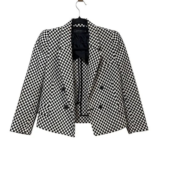 Zara Woman Black White Checkered Cropped Double Breasted Blazer XS - Image 2