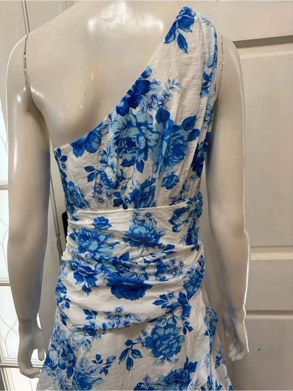 Selfie Leslie One-Shoulder Yellow Dress with Blue Floral Print Size Medium A1 - Image 12