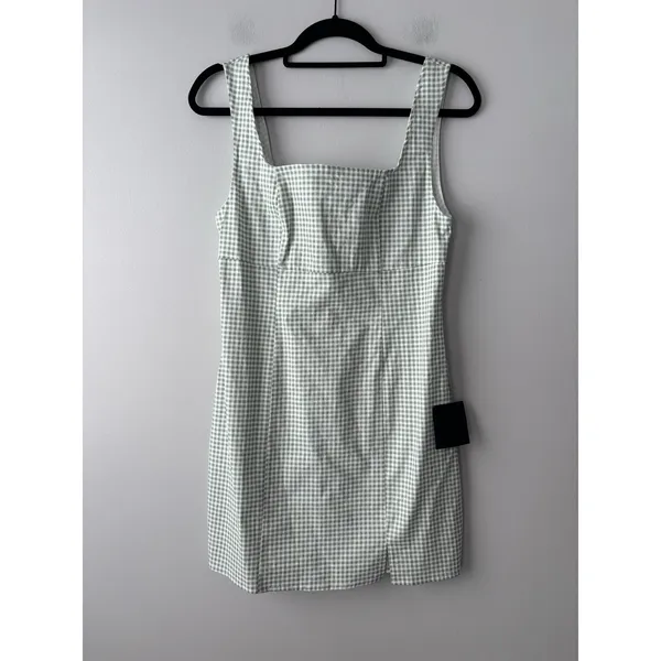 Lulus Happy Chance Sage Green Gingham Square Neck‎ Mini Dress Size Medium - Image 4