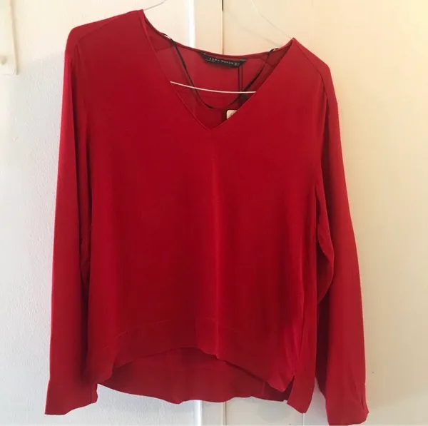 Zara Red V-Neck Long Sleeve Blouse Top XS - Image 2