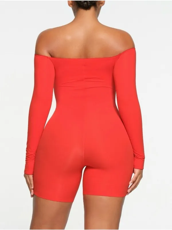 SKIMS Off-Shoulder Long Sleeve Bodysuit Romper in Ruby - Image 3