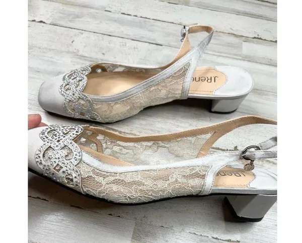 J Renee Silver Gray Lace Rhinestone Embellished Square Toe Slingback Heels 9.5 - Image 4