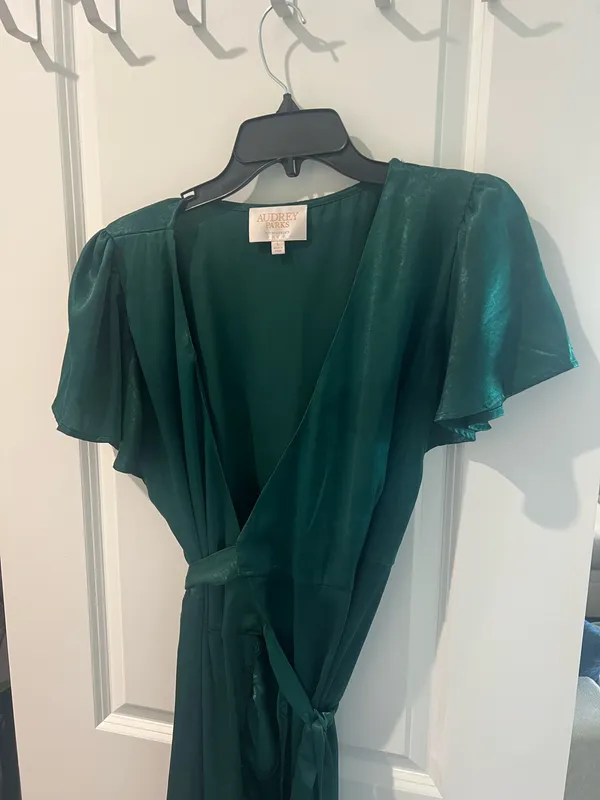 Audrey Emerald Satin Wrap Midi Dress with Ruffle Hem - Image 3