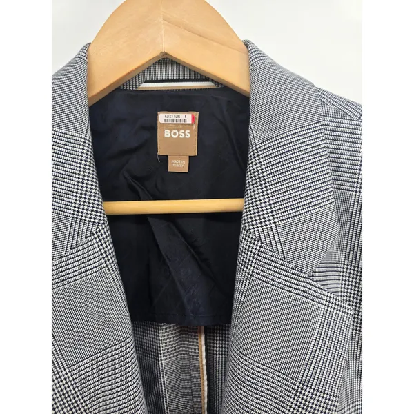 BOSS Blazer Womens 14 Glen Plaid Double Breasted Gray Gold Button EUC - Image 2