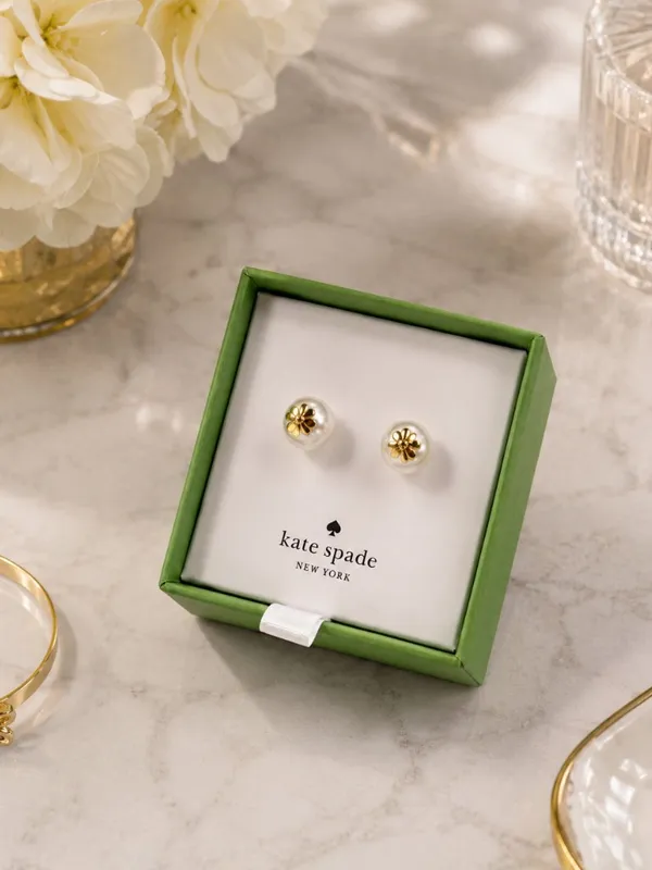 Kate Spade Pearl Clover Stud Earrings Gold Tone Gift Box NWT - Image 3