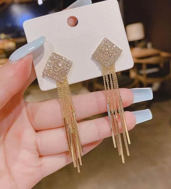 Fashion Elegant Rhinestones Tassel Dangle Drop Earrings for Women - Image 2