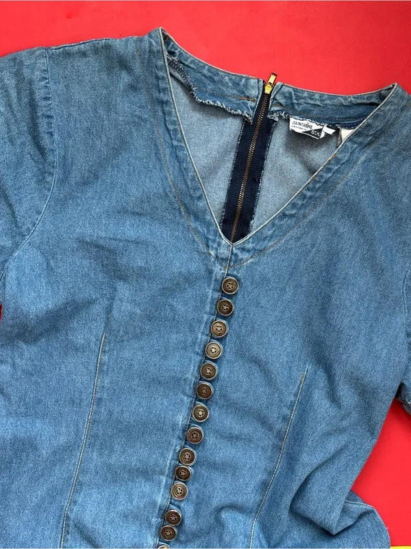 Vintage 80s Western V-Neck Faux Button-Front Light Blue Denim Midi Dress - Image 9