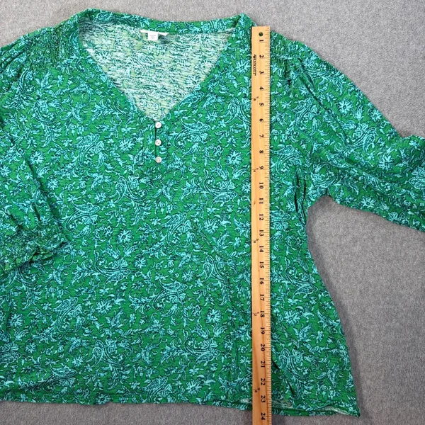 J.Jill Women's 2X Green Floral V-Neck Blouse Top Smocked Shoulder 3/4 Sleeve - Image 7