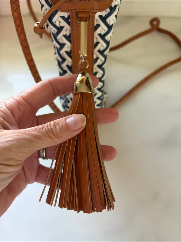 Rebecca Minkoff Navy, White & Tan Woven Bucket Crossbody - Image 2