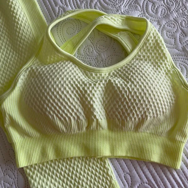 New Lemon Yellow Sport Yoga Set Leggings Top M - Image 2
