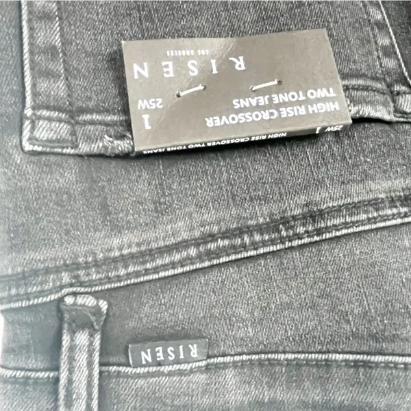 RISEN High Rise Crossover Released Frayed Hem Two Tone Black Wash Denim Jeans 25 - Image 6