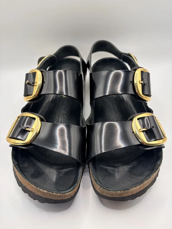 Birkenstock Milano Big Buckle Black Patent Leather Gold Quiet Luxury Sandals 38 US 7-7.5 - Image 3