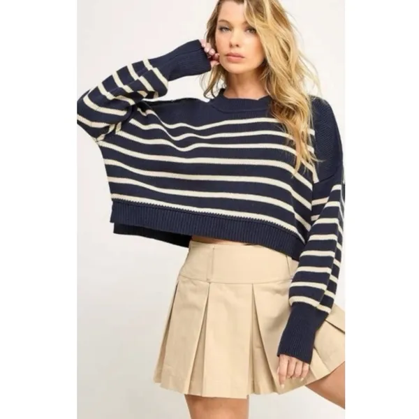 Free People Easy Street Stripe Crop Pullover Size Medium Navy Preppy Coastal - Image 12