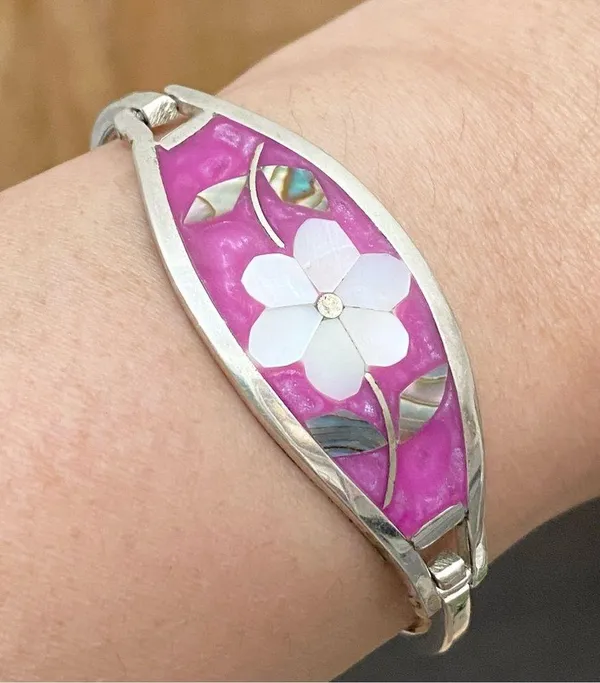 Vintage Alpaca Mexico Mexican Silver Mother of Pearl Inlaid ID Cuff Bracelet - Image 3