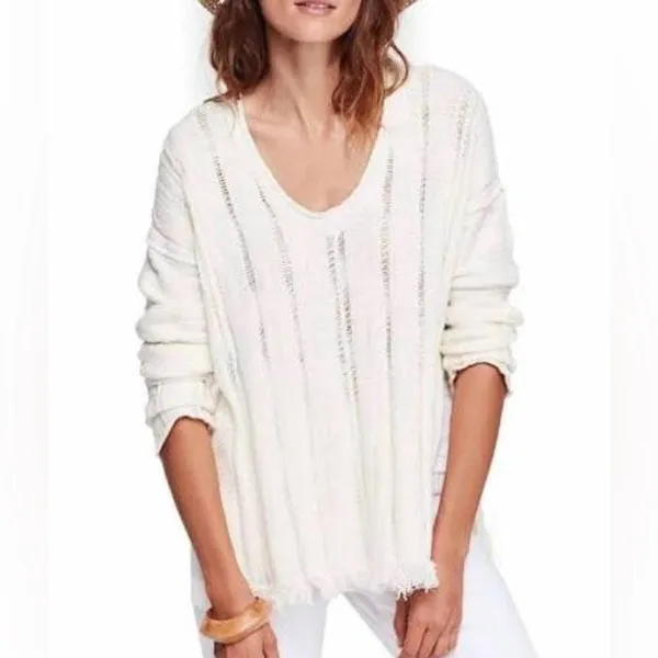 Free People Ocean Drive Ivory Distressed Pullover Sweater S - Image 3