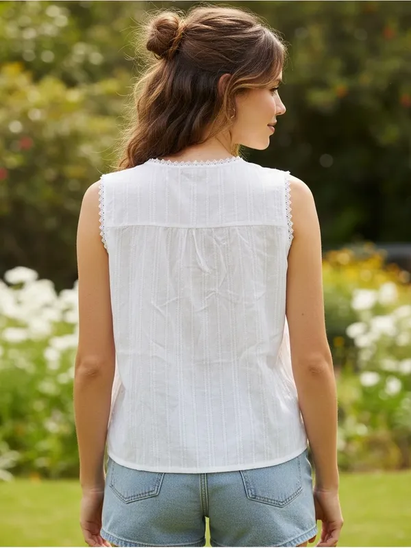Main Strip White Embroidered Tassel sleeveless top - Image 2