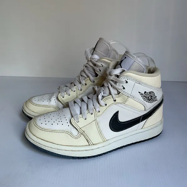 Air Jordan 1 Mid White Black Sail Women 5 Youth 3.5Y High Top Sneakers - Image 2
