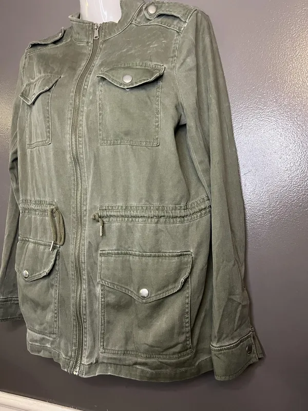 Express Jacket Womens XS Green Army Utility Field Zip Pockets Drawstring Waist - Image 3