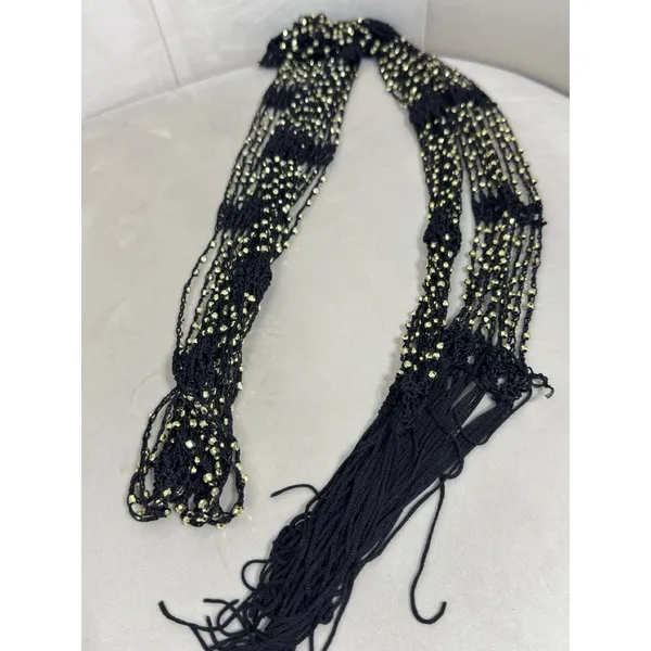 Women’s Black Crocheted Gold Bead Fringe Necklace Scarf Belt 72x2 - Image 5