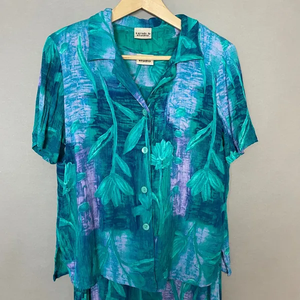 Two Piece Dress Blouse Floral Crinkle Fabric Sleeveless Shift Summer Casual - Image 8