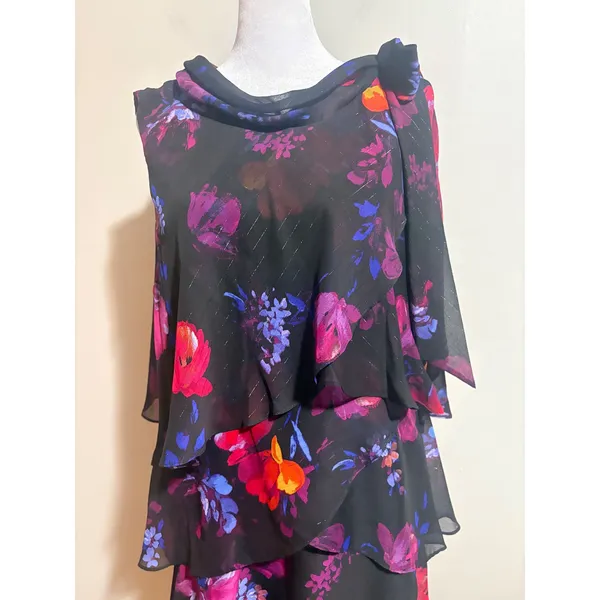 SLNY Tiered Chiffon Dress 16 Black Floral New Tie Cowl Neck Ruffle Shimmer - Image 9