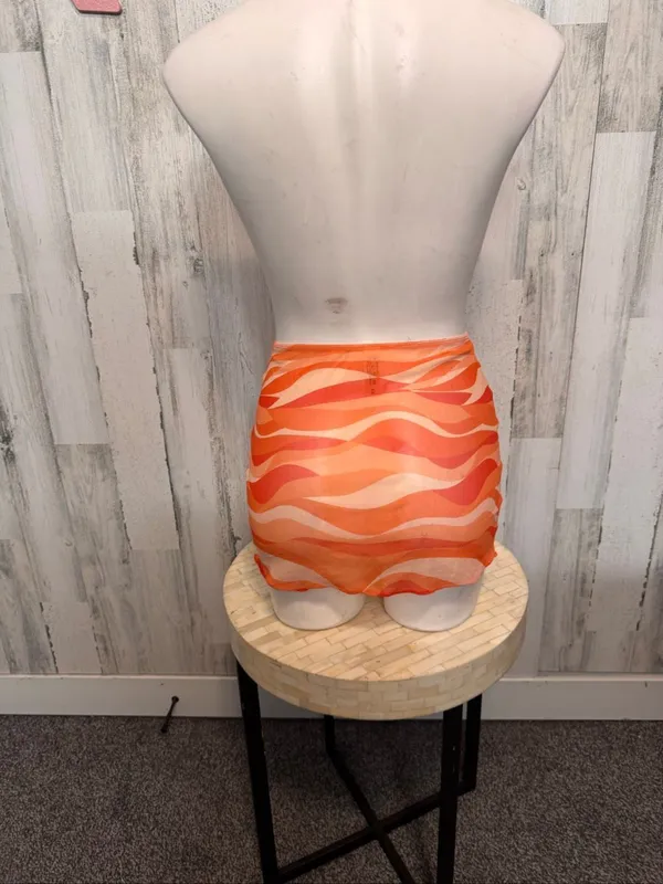 SheIn Retro Wave Sheer Mesh Mini Skirt Swim Cover Up Womens XS Orange Swirl - Image 4