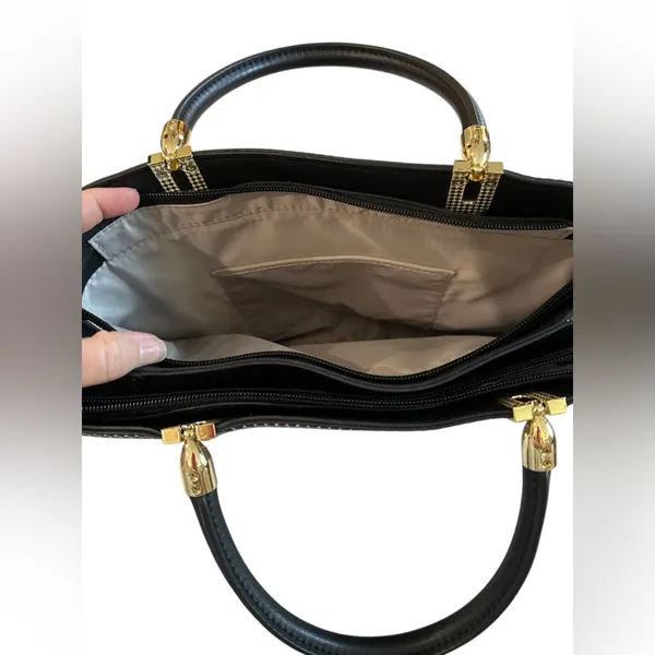 Gianni Bini Black & White Geometric Dot Structured Satchel with Gold‎ Hardware - Image 7