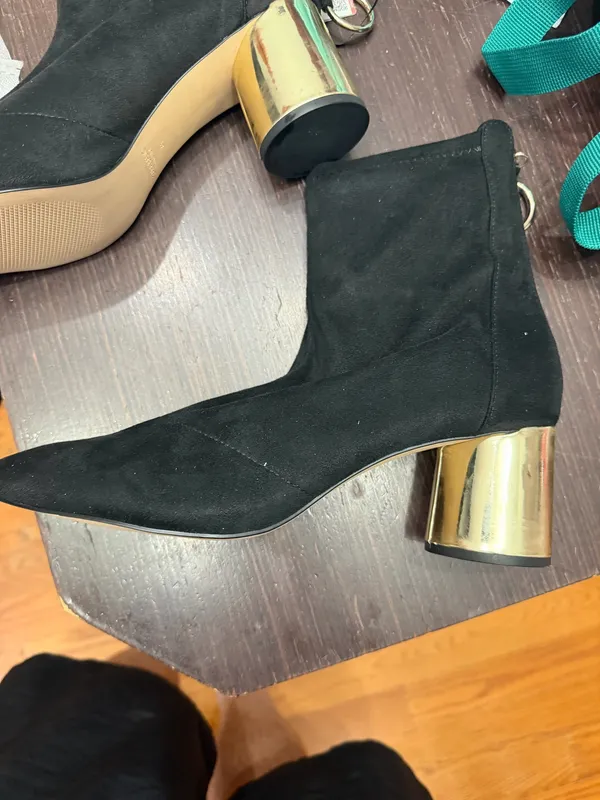 Zara black suede ankle boots with gold heel, size US 10 - Image 2