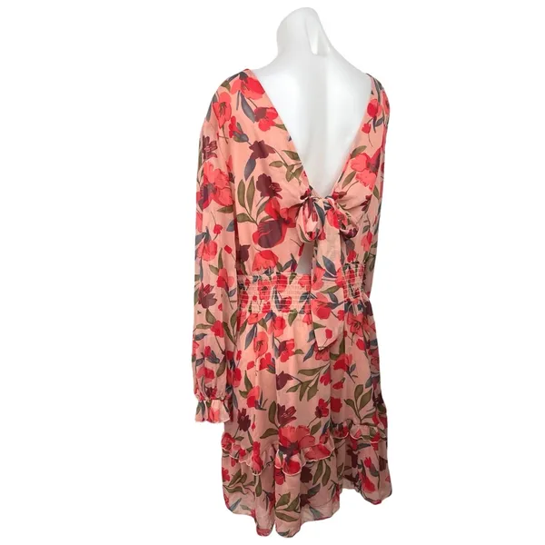 Floral Print Pink Multicolor Open Back Long Puff Sleeve Tiered Ruffle Dress XL - Image 2