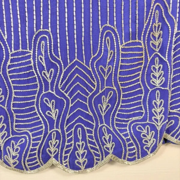 Vintage Royal Blue‎ Silk Beaded Blouse Silver Bugle Bead Scalloped Hem Top Small - Image 7