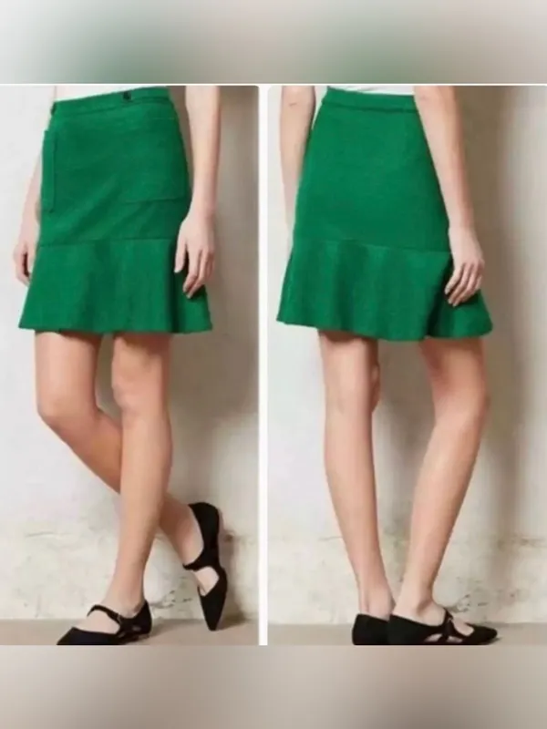 Anthropologie Maeve Kelly Green Wool Blend Flounce Hem Mini Skirt. Size 0P - Image 2