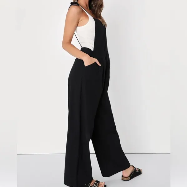 Lulu’s What a Wonderful Day Black Tie-Strap Overall Cotton Jumpsuit - Image 4