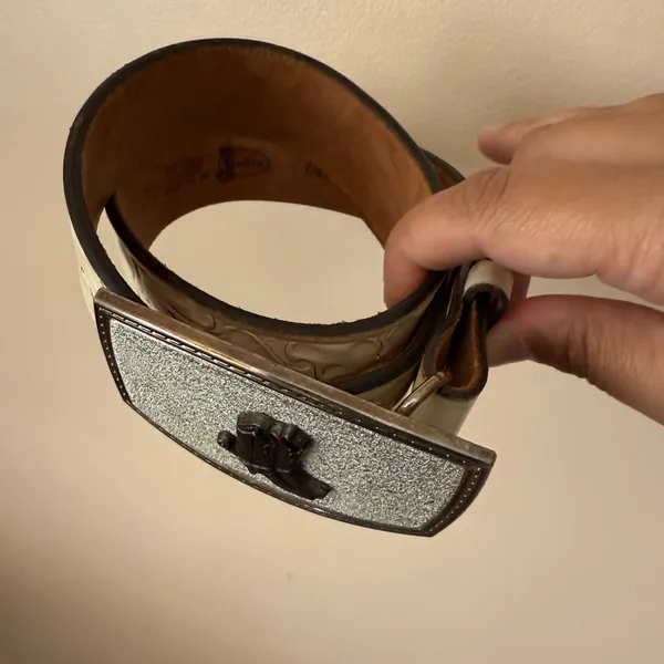 Justin Boots Ivory Leather Belt Cowgirl Boots Buckle Top Grain Cowhide Sz 28 31” - Image 3