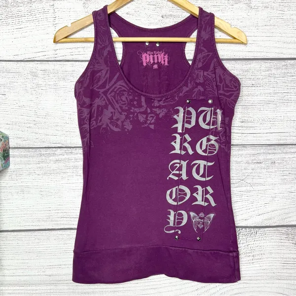 Vintage Y2K Black Label Pink Purple Graphic Racerback Tank Top Size Medium Moto - Image 8