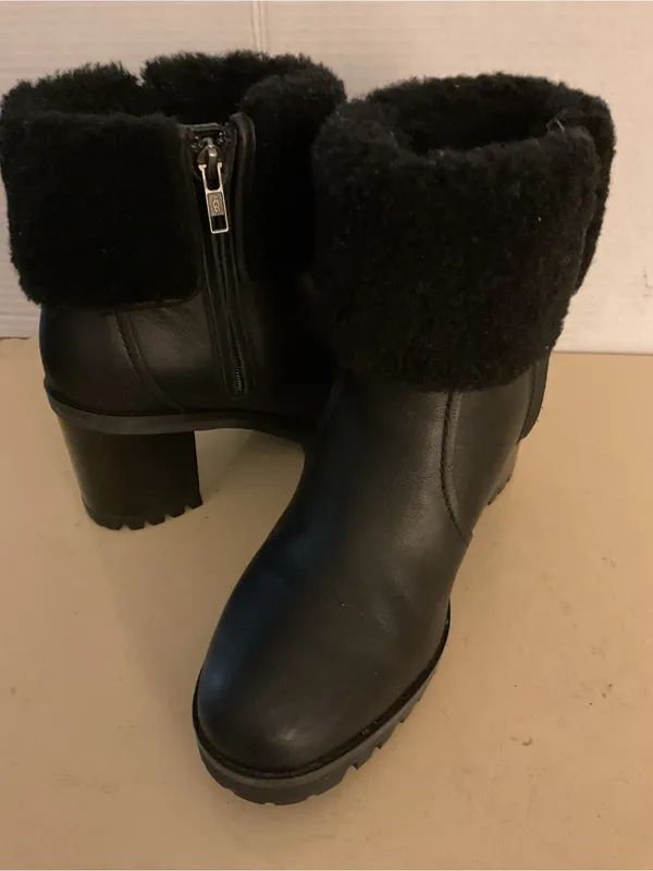 UGG women Black leather shearling platform waterproof heel boots US 7.5 - Image 9
