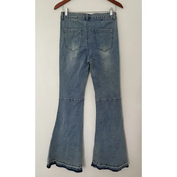 NWT Aaron and Amber Light Blue Flare Bell Bottom Jeans Raw Hem High Waist Sz M - Image 2