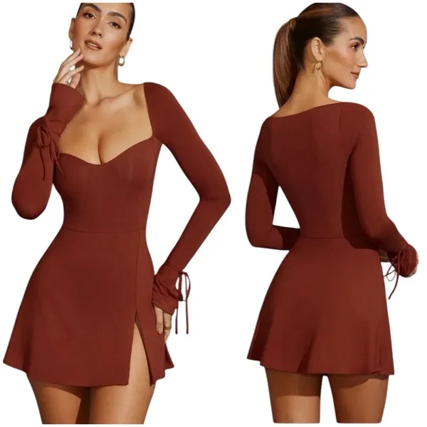 OH POLLY AMRYN Long Sleeve A-Line Mini Dress in Brick Sexy Inner Bodysuit Sz 2 - Image 3