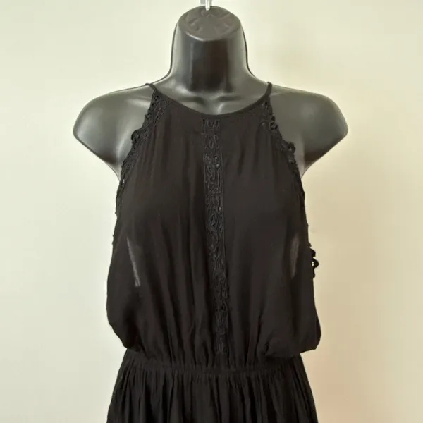 Free People Medium Black Romper Halter Neck Embroidered Gauze‎ Boho Festival - Image 2