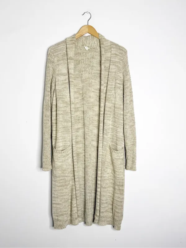 Anthropologie Long Open Front Duster Cardigan XL Beige Knit Pockets - Image 3